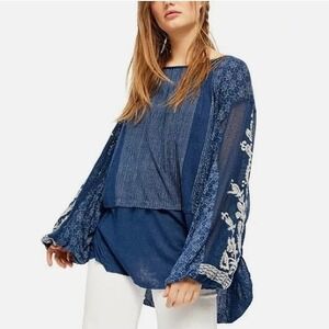 Free People Indigo Blue Embroidered Tunic Top